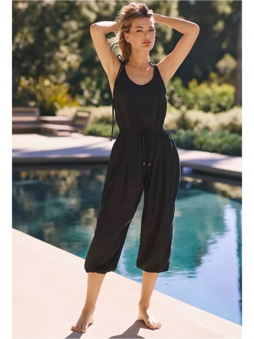 Anthropologie Black Tie-Shoulder Cropped Drawstring Jumpsuit